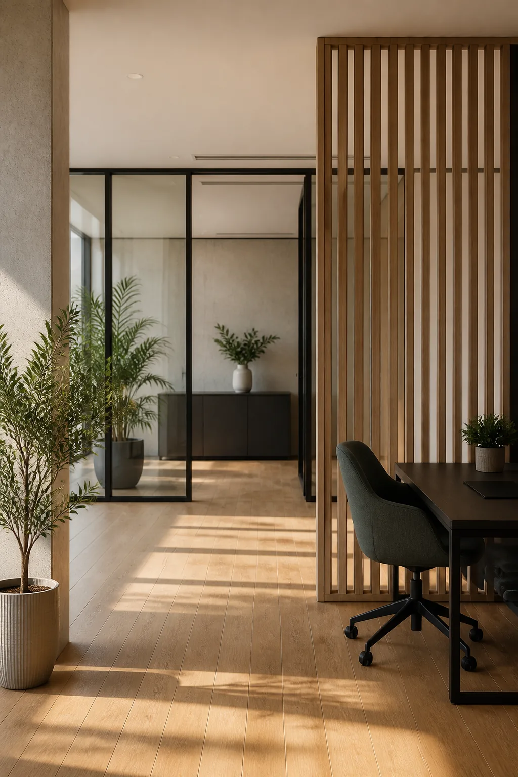 Espacio de trabajo luminoso con madera y vegetación